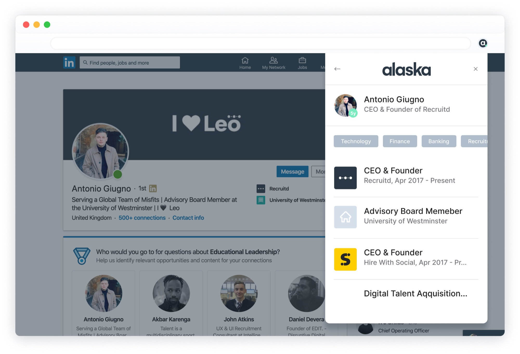 The Alaska panel over LinkedIn, scraping a profile into Leo