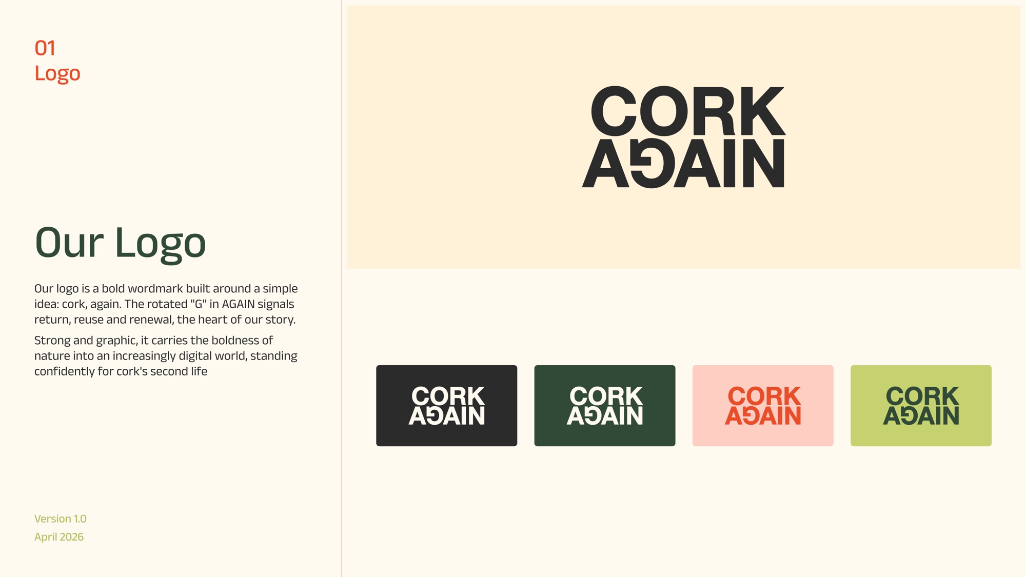 The Cork Again wordmark, with its rotated G, in four colourways