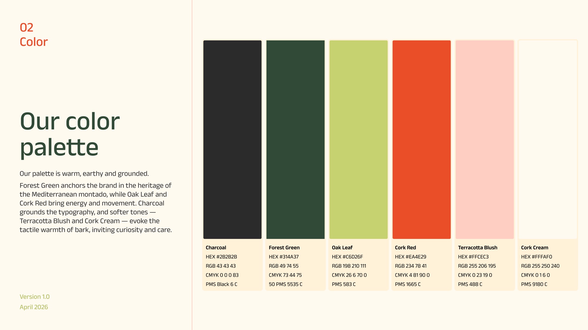 Colour palette: Charcoal, Forest Green, Oak Leaf, Cork Red, Terracotta Blush and Cork Cream