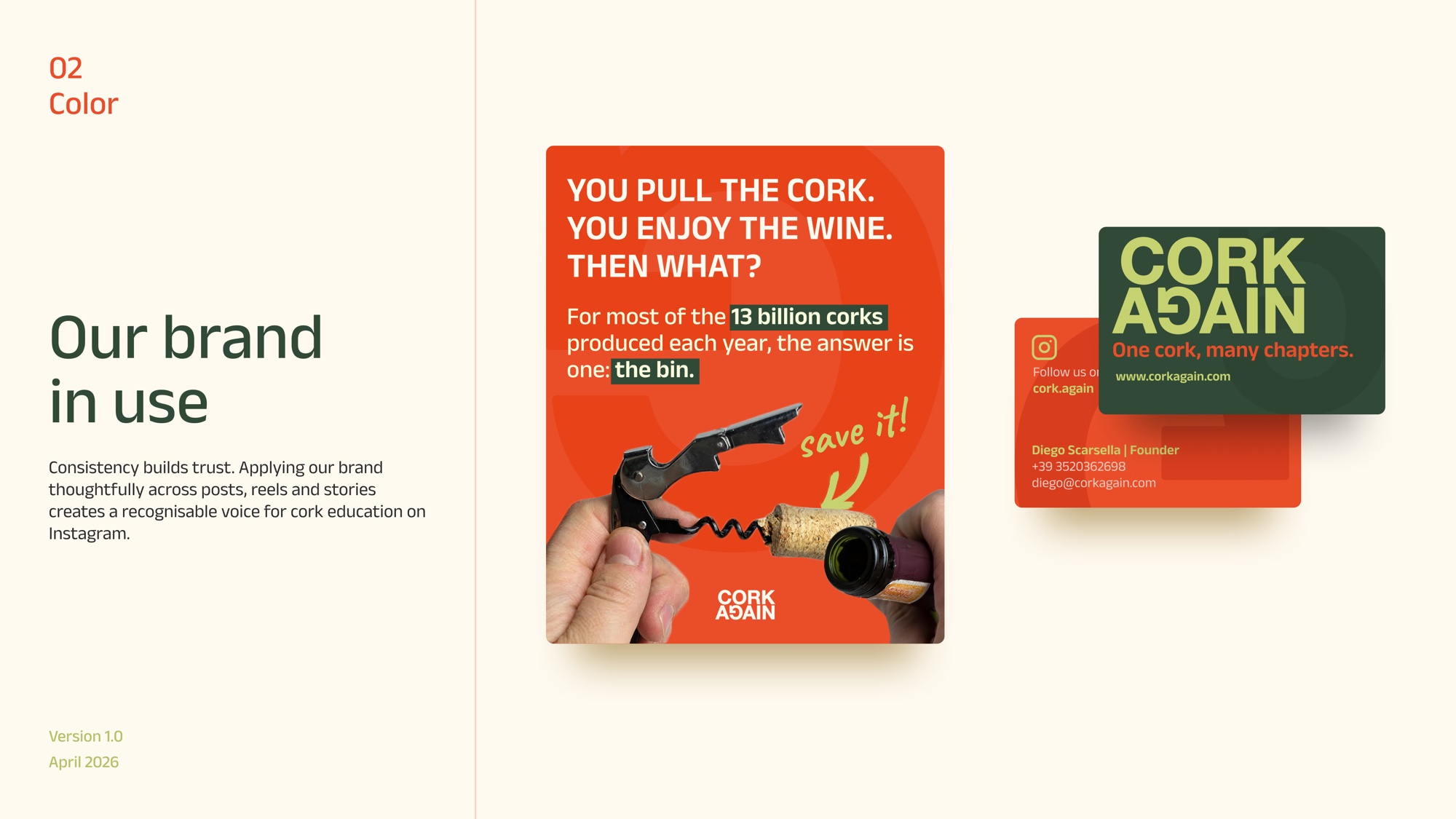The brand in use, across an Instagram post and business cards