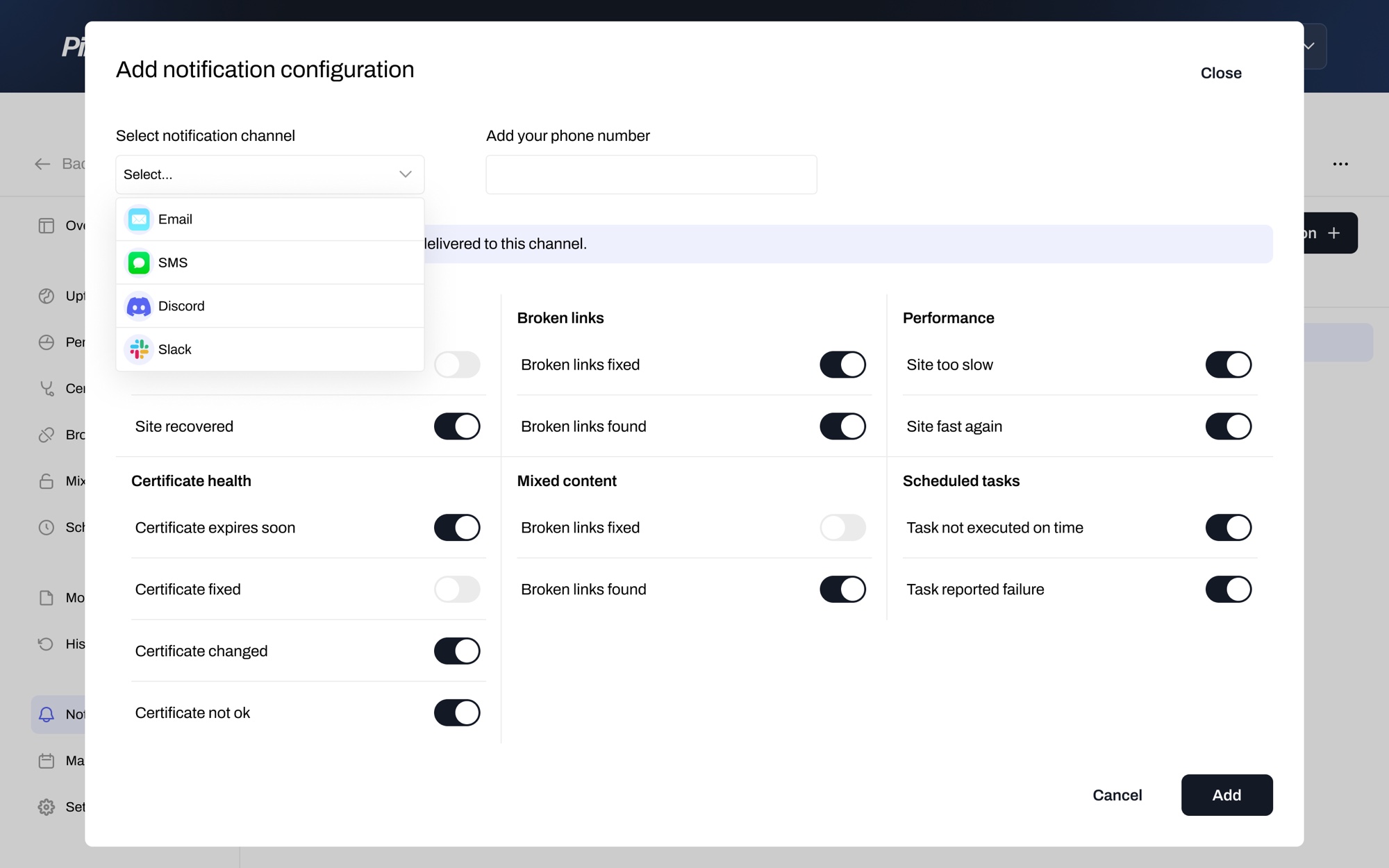 Per-check notification settings across every channel