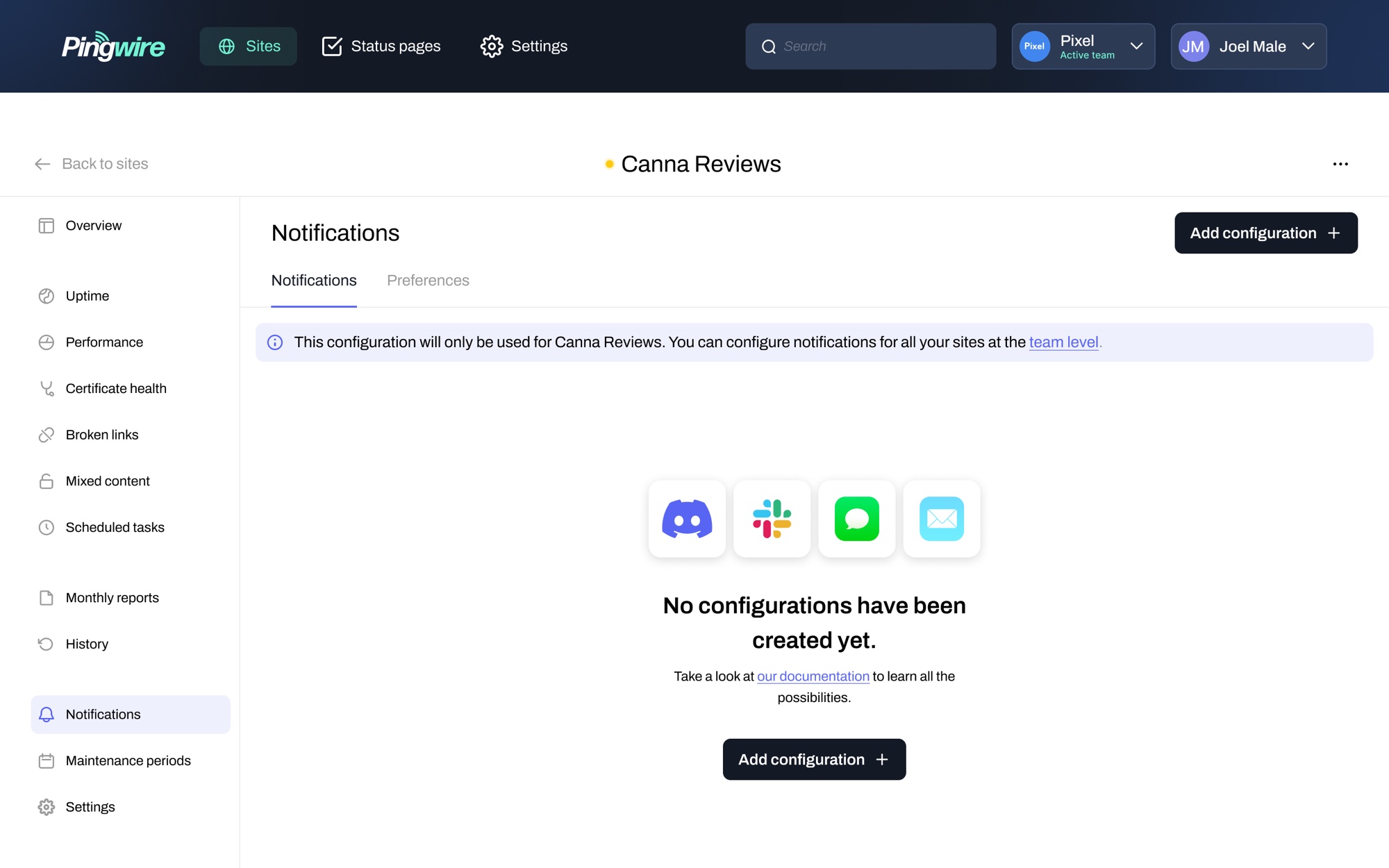 The notifications hub, ready to connect a channel