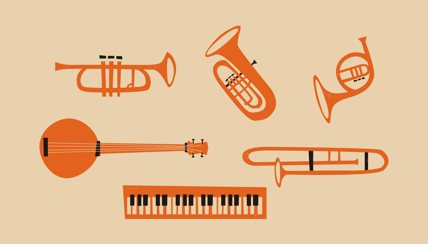 Instrument illustrations: trumpet, tuba, french horn, banjo, trombone and keys