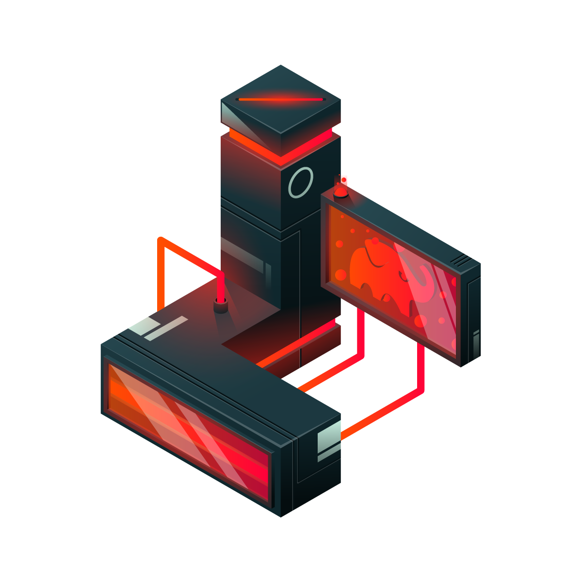 Isometric illustration of a development technology, in the campaign's futuristic style